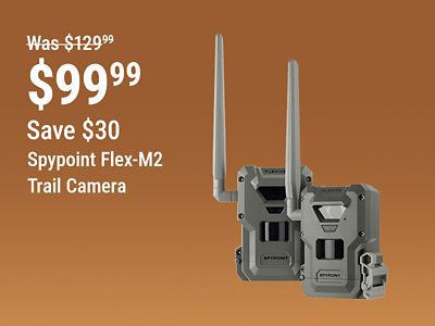 Tractor Supply Company promotion. SPYPOINT FLEX-M2 trail camera now 99.99, was 129.99, save 30 dollars. Image shows a gray SPYPOINT cellular trail camera with two antennas on a brown background.