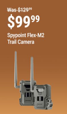 Tractor Supply Company promotion. SPYPOINT FLEX-M2 trail camera now 99.99, was 129.99, save 30 dollars. Image shows a gray SPYPOINT cellular trail camera with two antennas on a brown background.