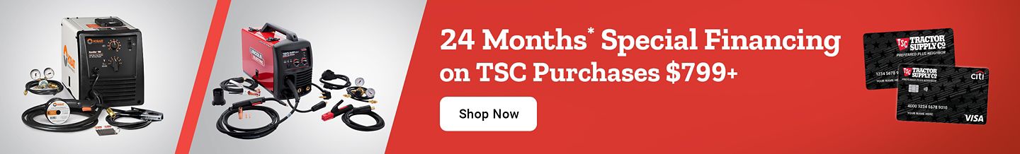 Tractor Supply Company promotion. 12 months financing on purchases of 399 dollars or more or earn 5 percent in rewards every day with TSC credit card. Image shows large black tool storage chest. Text reads The right storage, the right terms.