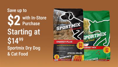 Tractor Supply Company promotion. Save up to $2 with In-Store Purchase on Sportmix dry dog and cat food starting at 14.99. Image shows bags of Sportmix Energy Plus dog food and Sportmix Gourmet Mix cat food on a brown background.