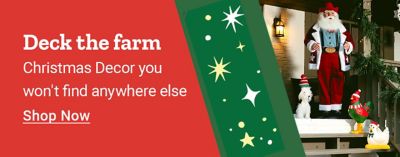 Deck the Farm with exclusive Christmas decor at Tractor Supply, featuring a festive farmhouse porch decorated with Santa Claus, wreaths, greenery, and holiday decorations.