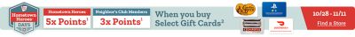 Tractor Supply Company Hometown Heroes Days promotion October 28 through November 11. Hometown Heroes earn 5 times points and Neighbor's Club members earn 3 times points when purchasing select gift cards. Featured gift cards include Cracker Barrel, PlayStation, Chipotle, and DoorDash. Find a Store.