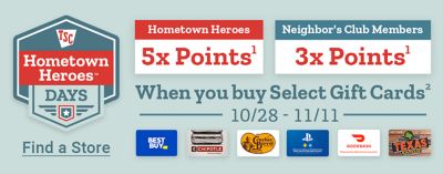 Tractor Supply Company Hometown Heroes Days promotion October 28 through November 11. Hometown Heroes earn 5 times points and Neighbor's Club members earn 3 times points when purchasing select gift cards. Featured gift cards include Cracker Barrel, PlayStation, Chipotle, and DoorDash. Find a Store.
