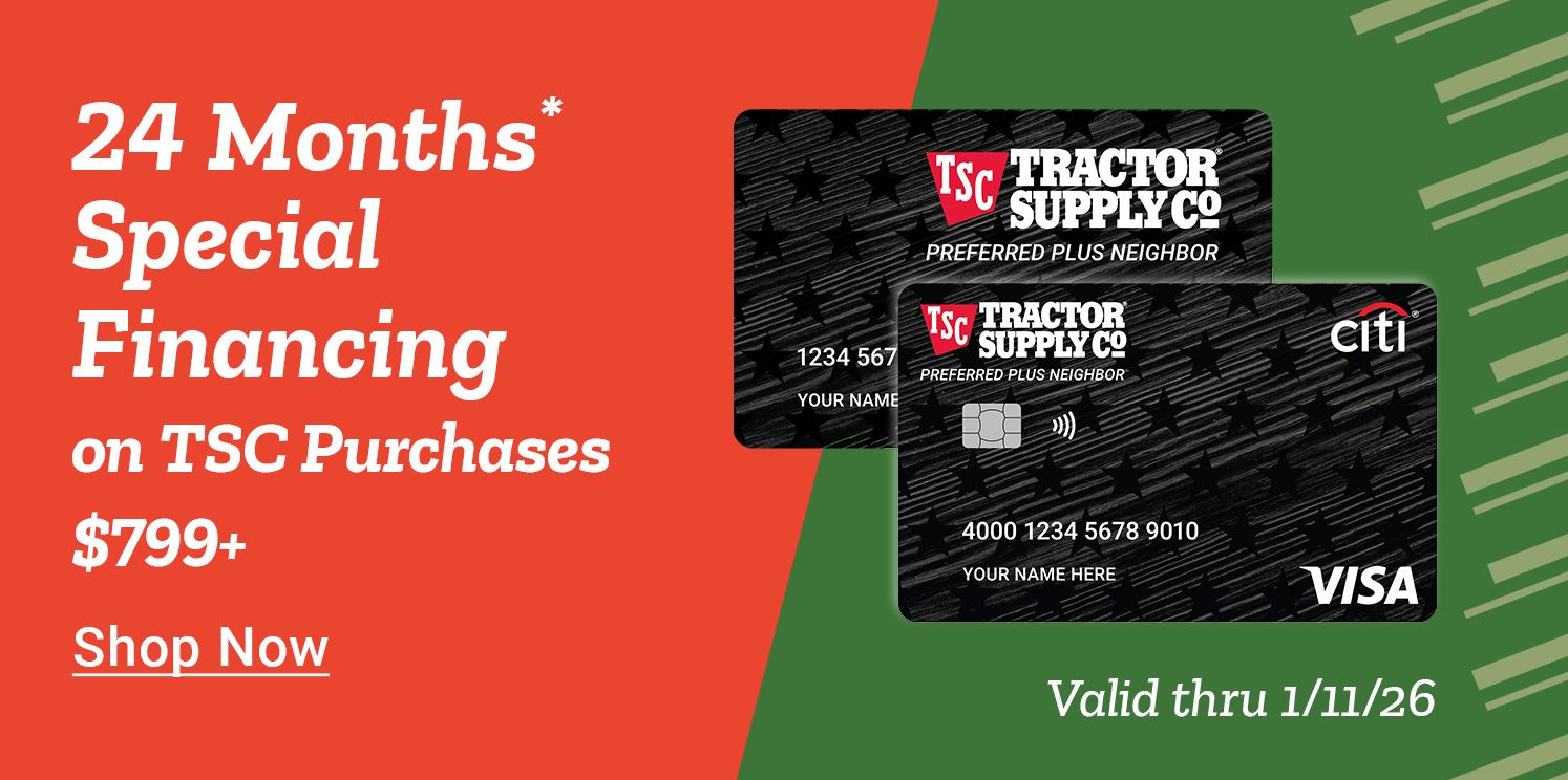 Advertisement for Tractor Supply Company’s credit card promotion. The text reads 24 Months Special Financing on TSC Purchases 799 dollars or more with a Shop Now link below. Two black Tractor Supply Co credit cards issued by Citi are shown on the right side over a green and red background. The offer is valid through January 11th 2026. The design features bold white text and clean color blocking in red and green for a modern, eye-catching presentation.
