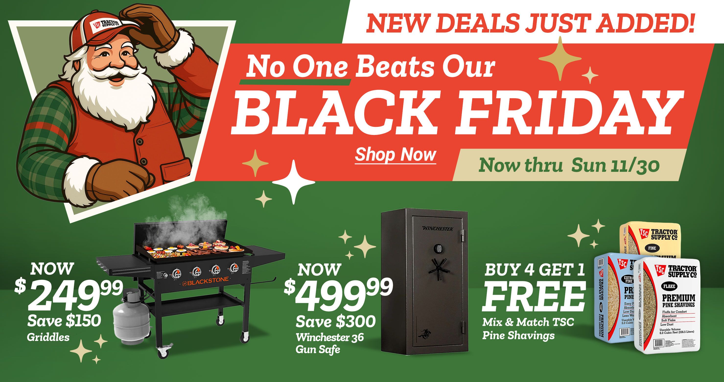 Tractor Supply Company Black Friday promotion with new deals just added. Winchester 36 gun safe now 499.99, save 300 dollars. Buy 4 get 1 free mix and match TSC pine shavings. Image includes Santa illustration, Winchester gun safe, and Tractor Supply Co pine shavings bags. Offer valid now through Sunday November 30.