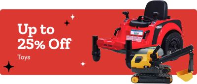 Promotional banner highlighting up to 25 percent off toys. The image features a red ride-on tractor toy and a yellow CAT excavator toy displayed on a bright red background with decorative sparkles.