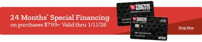 Promotional banner highlighting twenty-four months of special financing on purchases of seven hundred ninety-nine dollars or more, valid through January 11th 2026. The image displays two Tractor Supply credit cards on a red background with a Shop Now callout on the right side.