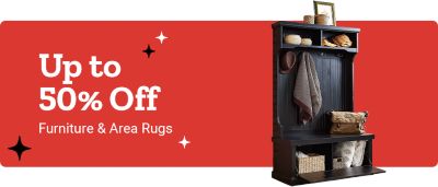 Promotional banner showing a furniture and home decor sale with discounts of up to 50 percent. The image features a wooden entryway hall tree with shelves, hooks, storage baskets, and accessories displayed against a red background with decorative star accents.