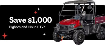 Promotional banner highlighting a savings offer of one thousand dollars on Bighorn and Hisun UTVs. The image features a red utility terrain vehicle displayed on a black background with decorative star accents.