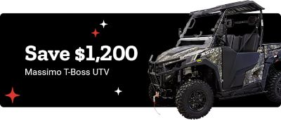 Promotional banner highlighting a savings offer of one thousand two hundred dollars on the Massimo T-Boss UTV. The image features the utility vehicle in a camo finish on a black background with small decorative star accents.