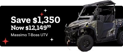 Promotional banner showing a Massimo T-Boss UTV with a savings offer of 1,350 dollars, bringing the price to 12,149 dollars and 99 cents. The vehicle is displayed in a camouflage finish against a black background with decorative star accents.