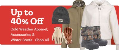 Promotional banner advertising up to 40 percent off cold-weather apparel, accessories, and winter boots. The image shows a knit beanie, insulated gloves, a tan winter jacket, a white hoodie, and a pair of patterned winter boots displayed against a red background.