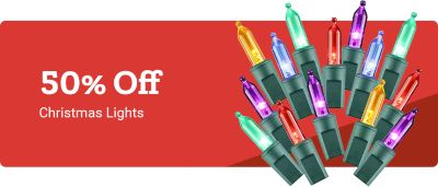 Promotional banner showing 50 percent off Christmas lights. The image features a bundle of multicolored string light bulbs in green sockets displayed against a red background.