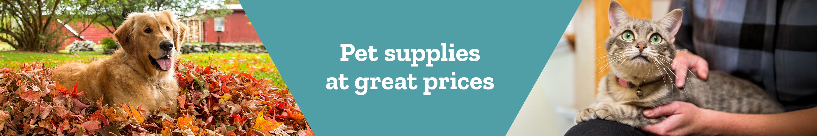 Tractor Supply Company banner promoting pet care. Image shows a man holding a dog on the left and a tabby cat walking outdoors on the right. Text reads Care for your family pets.