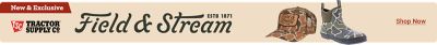 Promotional banner with a light tan background. A red label on the left reads: New & Exclusive. The Tractor Supply Co logo appears below the label. Large stylized text across the center reads: Field & Stream, ESTB 1871. To the right are product images including a camouflage Field & Stream baseball cap and a pair of camouflage rubber boots. A Shop Now call to action appears on the far right.