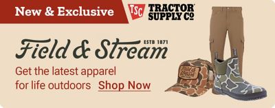 Promotional banner with a light tan background. A red label on the left reads: New & Exclusive. The Tractor Supply Co logo appears below the label. Large stylized text across the center reads: Field & Stream, ESTB 1871. To the right are product images including a camouflage Field & Stream baseball cap and a pair of camouflage rubber boots. A Shop Now call to action appears on the far right.