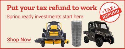 Promotional banner with a cream background and red border. Text on the left reads: Put your tax refund to work. Spring ready investments start here. A circular red stamp graphic near the center reads: Tax Refund. To the right are product images including a utility terrain vehicle, a zero turn lawn mower, and a roll of welded wire fencing. A Shop Now call to action appears on the far right.