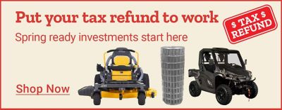 Promotional banner with a cream background and red border. Text on the left reads: Put your tax refund to work. Spring ready investments start here. A circular red stamp graphic near the center reads: Tax Refund. To the right are product images including a utility terrain vehicle, a zero turn lawn mower, and a roll of welded wire fencing. A Shop Now call to action appears on the far right.