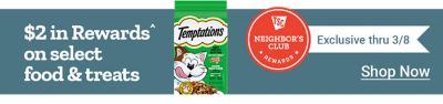 Promotional banner for TSC Neighbor's Club Rewards. A red circular Neighbor's Club Rewards badge appears on the left. Text reads: Exclusive thru March 8th. 2 dollars in rewards on select food & treats. Images of Temptations cat treats appear on the right side of the banner. A Shop Now call-to-action button appears on the far right.