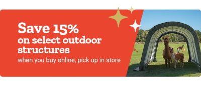 Tractor Supply Company promotion. Save 15 percent on select outdoor structures when you buy online and pick up in store. Image shows alpacas standing under a portable outdoor shelter in a pasture.