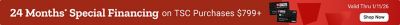 Tractor Supply Company promotion. 24 months special financing on TSC purchases of 799 dollars or more. Offer valid through January 11, 2026. Image shows TSC credit cards on red background with Shop Now button.