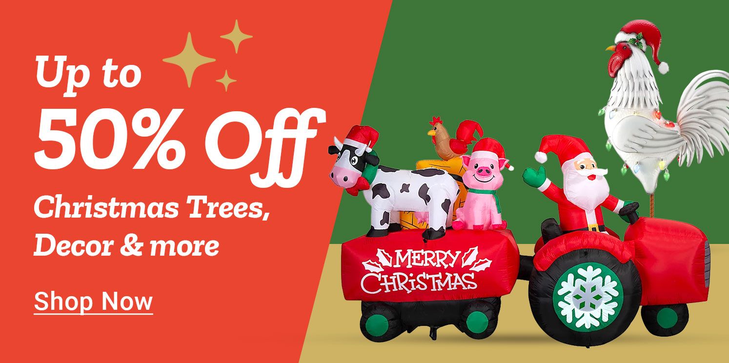 Tractor Supply Company promotion. Save up to 50 percent on Christmas trees, decor, and more. Image shows festive rooster decoration wearing a Santa hat and a Christmas train with Santa, pig, cow, and other characters. Shop Now button displayed.