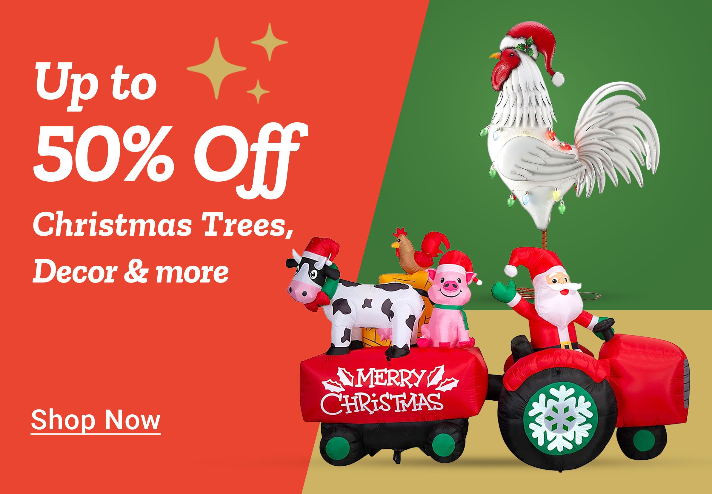 Tractor Supply Company promotion. Save up to 50 percent on Christmas trees, decor, and more. Image shows festive rooster decoration wearing a Santa hat and a Christmas train with Santa, pig, cow, and other characters. Shop Now button displayed.