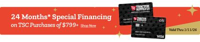 Tractor Supply Company promotion. 24 months special financing on TSC purchases of 799 dollars or more. Image shows TSC credit cards on a festive background. Offer valid through January 11, 2026. Shop Now link displayed.