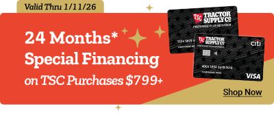 Tractor Supply Company promotion. 24 months special financing on TSC purchases of 799 dollars or more. Image shows TSC credit cards on a festive background. Offer valid through January 11, 2026. Shop Now link displayed.