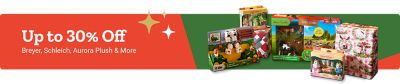Tractor Supply Company promotion. BOGO 50 percent off select toys. Shop Breyer, Schleich, Aurora plush, and more. Excludes ride on toys. Image shows plush farm animals including a horse, sheep, fox, and bull surrounded by wrapped gifts under a Christmas tree.
