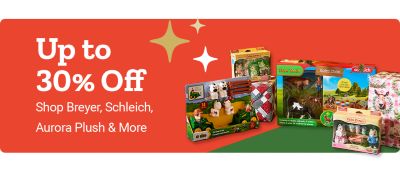 Tractor Supply Company promotion. BOGO 50 percent off select toys. Shop Breyer, Schleich, Aurora plush, and more. Excludes ride on toys. Image shows plush farm animals including a horse, sheep, fox, and bull surrounded by wrapped gifts under a Christmas tree.