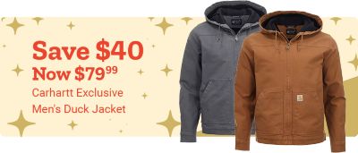 Tractor Supply Company promotion. Save 20 dollars on Carhartt exclusive men's duck jacket, now 19.99. Image shows gray and brown Carhartt duck jackets with hoods on a festive background.