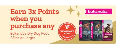 Tractor Supply Company Neighbor's Club promotion. Earn 3X points when you purchase any Eukanuba dry dog food 28 lb or larger. Image shows various Eukanuba dog food bags and the Neighbor's Club Rewards logo.