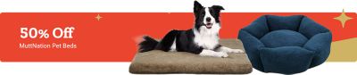 Tractor Supply Company promotion. Save 50 percent on MuttNation pet beds. Image shows a dog lying on a tan rectangular pet bed and a blue plush round pet bed on a festive background.