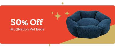 Tractor Supply Company promotion. Save 50 percent on MuttNation pet beds. Image shows a dog lying on a tan rectangular pet bed and a blue plush round pet bed on a festive background.