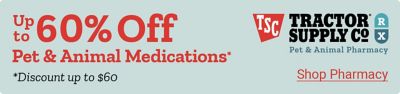 Promotional banner advertising up to 60 percent off pet and animal medications with a maximum discount of 60 dollars. The image includes the Tractor Supply Co. Pet and Animal Pharmacy logo on a light blue background and a Shop Pharmacy callout on the right side.