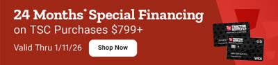 Promotional banner highlighting twenty four months special financing on Tractor Supply purchases of seven hundred ninety nine dollars or more. The image shows Tractor Supply branded credit cards on a red background, along with a Shop Now button and text noting the offer is valid through January 11th 2026.