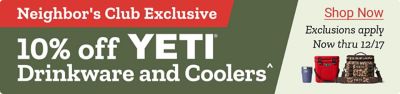 Promotional banner for a Neighbor's Club exclusive offer featuring 10 percent off YETI drinkware and coolers. The image displays assorted YETI products including tumblers, hard coolers, soft coolers, and bottles. A Shop Now link appears on the right with a note that exclusions apply and the offer runs through December 17th.
