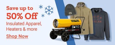 Save up to 50 percent off insulated apparel, heaters, and more. Snowflake graphics appear above the text. To the right are winter items including a gray beanie with a Tractor Supply patch, a tan insulated jacket with a camo-lined hood, a navy Field & Stream hoodie, and a large yellow Master kerosene torpedo heater on wheels. A Shop Now link is shown below.