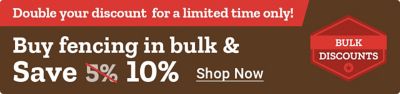 Promotional banner announcing double discounts for a limited time on bulk fencing purchases. The message highlights savings increasing from 5 percent to 10 percent, with a Shop Now callout and a red Bulk Discounts badge. The right side of the image shows a person in winter workwear walking beside a snow-covered fence line.