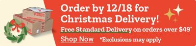Holiday shipping banner stating order by December 18th for Christmas delivery. The image features Tractor Supply shipping boxes, a wreath graphic, and a message noting free standard delivery on orders over forty nine dollars with exclusions. A Shop Now callout is shown on the right side.