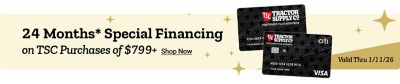 Promotional banner advertising twenty-four months of special financing on Tractor Supply purchases of seven hundred ninety-nine dollars and up. The image includes two Tractor Supply Co. credit cards on the right side, gold star accents throughout, a Shop Now link, and a note that the offer is valid through January 11th 2026.