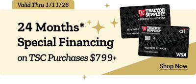 Promotional banner advertising twenty-four months of special financing on Tractor Supply purchases of seven hundred ninety-nine dollars and up. The image includes two Tractor Supply Co. credit cards on the right side, gold star accents throughout, a Shop Now link, and a note that the offer is valid through January 11th 2026.