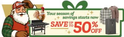 Holiday savings banner featuring Tractor Supply Santa alongside a festive rooster, a Blackstone griddle, apparel, and a Winchester gun safe. The message reads Your season of savings starts now with a promotion offering up to 50 percent off select items. The layout includes a green bow graphic and gold holiday accents.