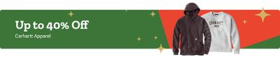 Up to 40 percent off Carhartt apparel. The banner features a green background with gold star accents and a red angled panel on the right. Two dark brown Carhartt hooded sweatshirts are displayed: one with a small chest logo and a large Carhartt print down the sleeve, and the other with a large Carhartt box logo across the chest.