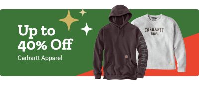 Up to 40 percent off Carhartt apparel. The banner features a green background with gold star accents and a red angled panel on the right. Two dark brown Carhartt hooded sweatshirts are displayed: one with a small chest logo and a large Carhartt print down the sleeve, and the other with a large Carhartt box logo across the chest.