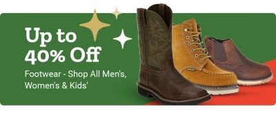 Promotional banner showing up to 40 percent off footwear. The image features men's, women's, and kids' boots, including a tall brown western boot, a tan lace-up work boot, and a brown slip-on boot, displayed against a green and red background with decorative star accents.