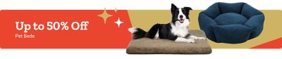 Promotional banner advertising up to 50 percent off pet beds. The image features a plush dark blue pet bed on the right with decorative gold and white star accents on a red background.