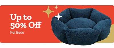 Promotional banner advertising up to 50 percent off pet beds. The image features a plush dark blue pet bed on the right with decorative gold and white star accents on a red background.