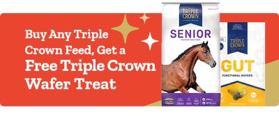 Promotional banner with a red and gold background. Text on the left reads: Buy Any Triple Crown Feed, Get a Free Triple Crown Wafer Treat. Decorative star accents appear near the text. On the right side are images of Triple Crown products, including a bag labeled Triple Crown Senior horse feed featuring a horse illustration and a package labeled Triple Crown Gut Functional Wafers. The layout emphasizes the free wafer treat offer with the purchase of Triple Crown feed.